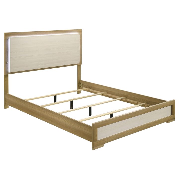 Hyle Queen Size Bed, Natural Brown Hardwood, LED Backlit Headboard - Benzara