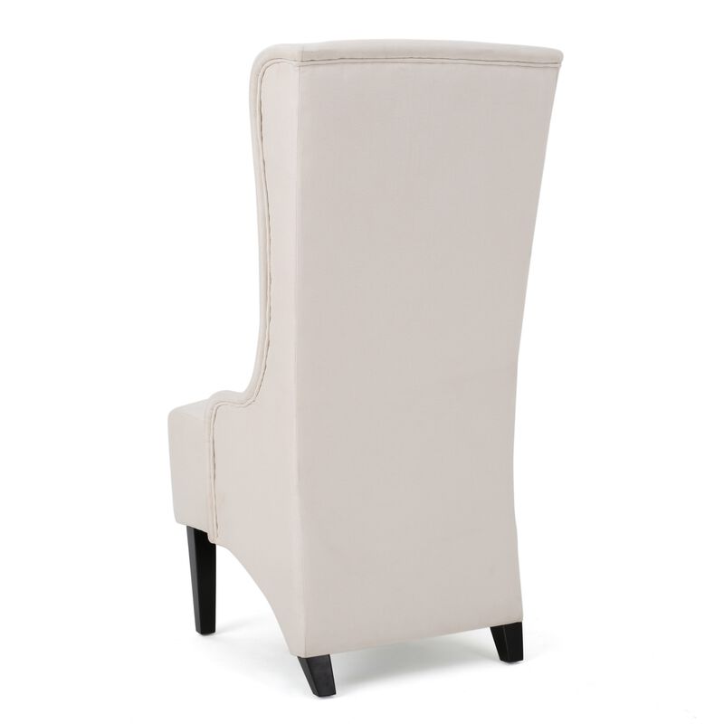 Becca Dining Chair, Beige Fabric, High Wingback, Tapered Black Legs - Benzara