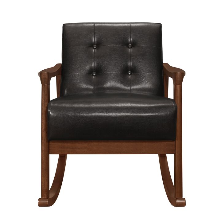 Ciao 37 Inch Rocking Chair Armchair, Dark Brown Faux Leather, Solid Wood - Benzara