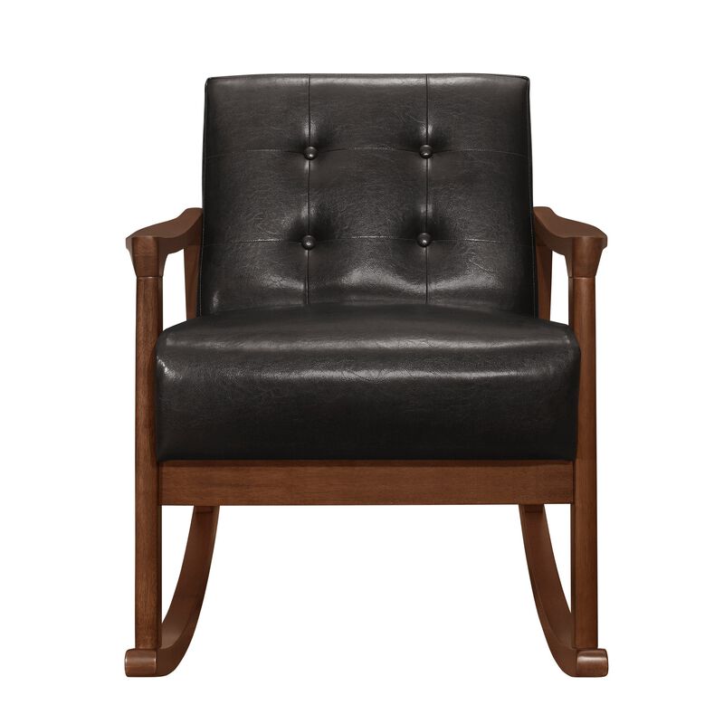Ciao 37 Inch Rocking Chair Armchair, Dark Brown Faux Leather, Solid Wood - Benzara