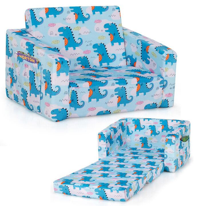2-in-1 Convertible Kids Sofa with Velvet Fabric - Light Blue Dinosaur