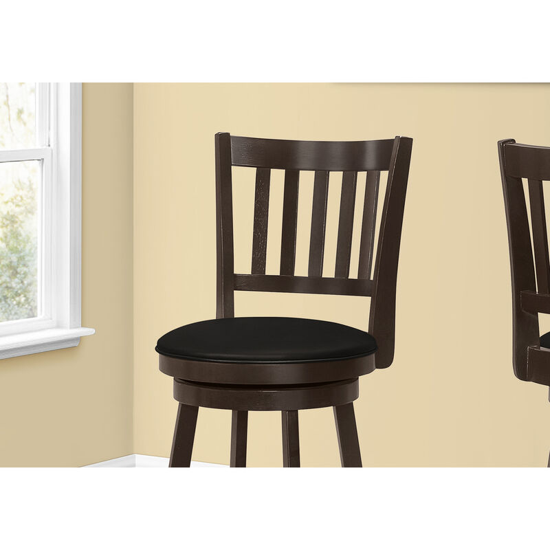 Monarch Specialties I 1236 Bar Stool, Set Of 2, Swivel, Bar Height, Wood, Pu Leather Look, Brown, Black, Transitional