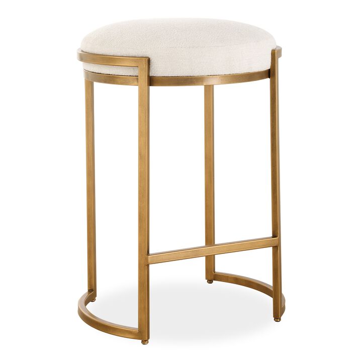 Fyn Counter Height Stool, Round Cream Fabric Seat, Brass Cantilever Base