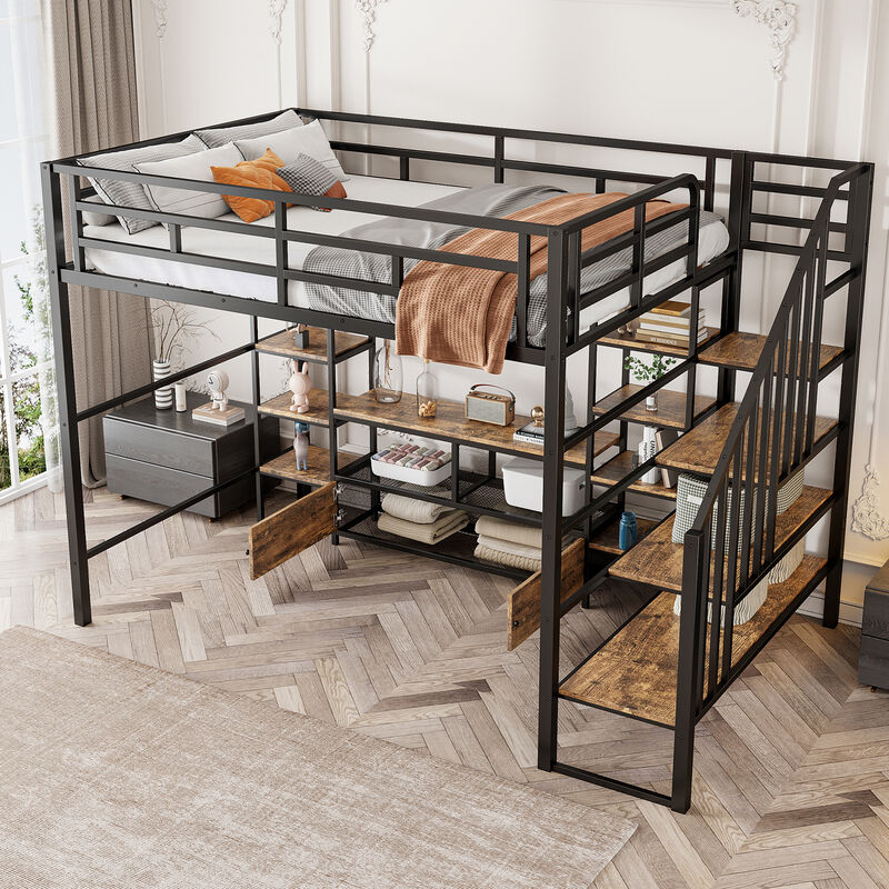 Merax Metal Loft Bed with Staircase and Storage