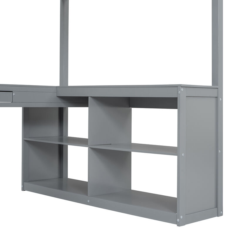 Merax Loft Bed with U-shaped Desk and Tri-fold Mirror