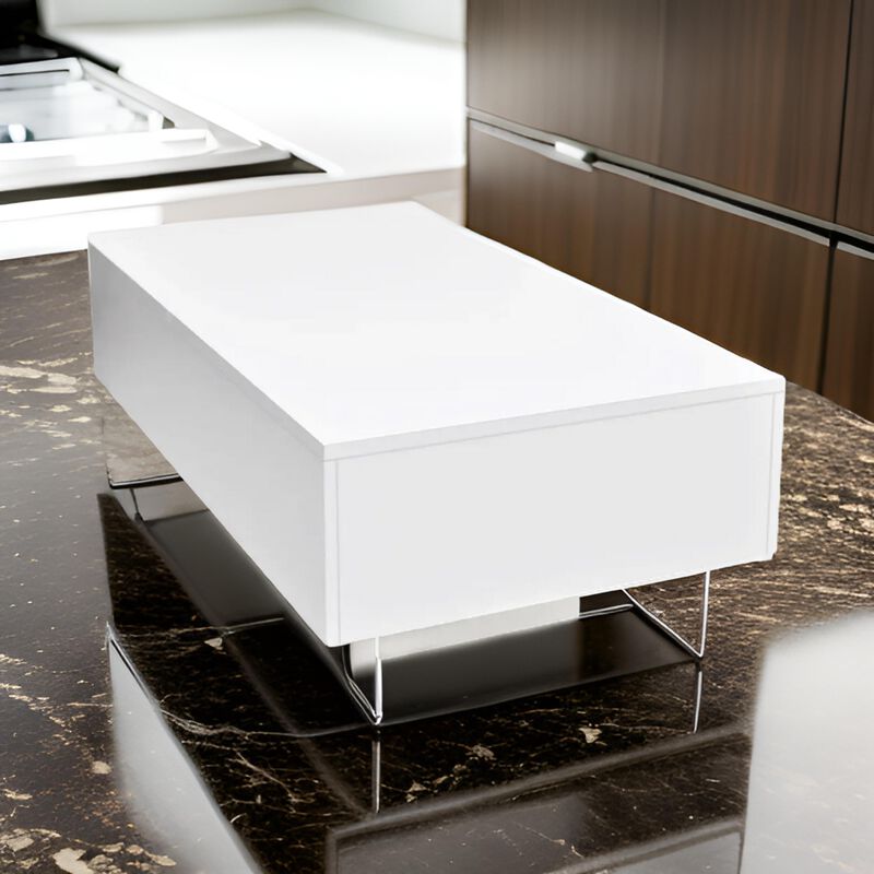 Coffee Table, High Gloss White, 33 Inch Rectangular Modern Platform - Benzara