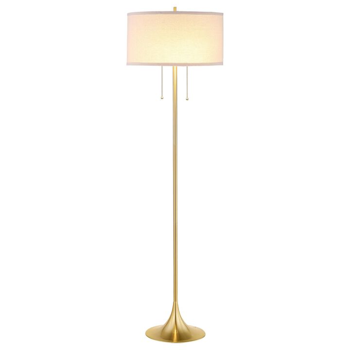 Mikka Floor Lamp, Pull-Chain, Gold Flared Pedestal Base, Beige Fabric - Benzara