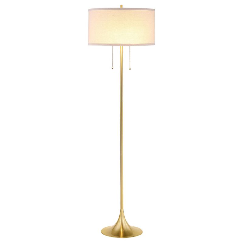 Mikka Floor Lamp, Pull-Chain, Gold Flared Pedestal Base, Beige Fabric - Benzara