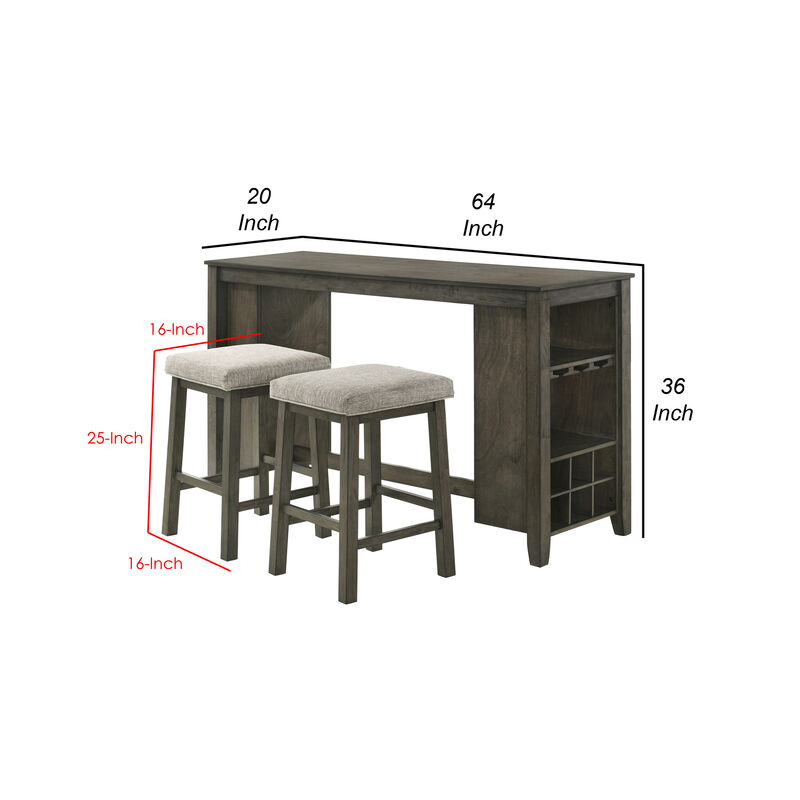 3 Piece Bar Table Set, Stemware Rack and Cubbies, Rustic Brown Wood Frame - Benzara