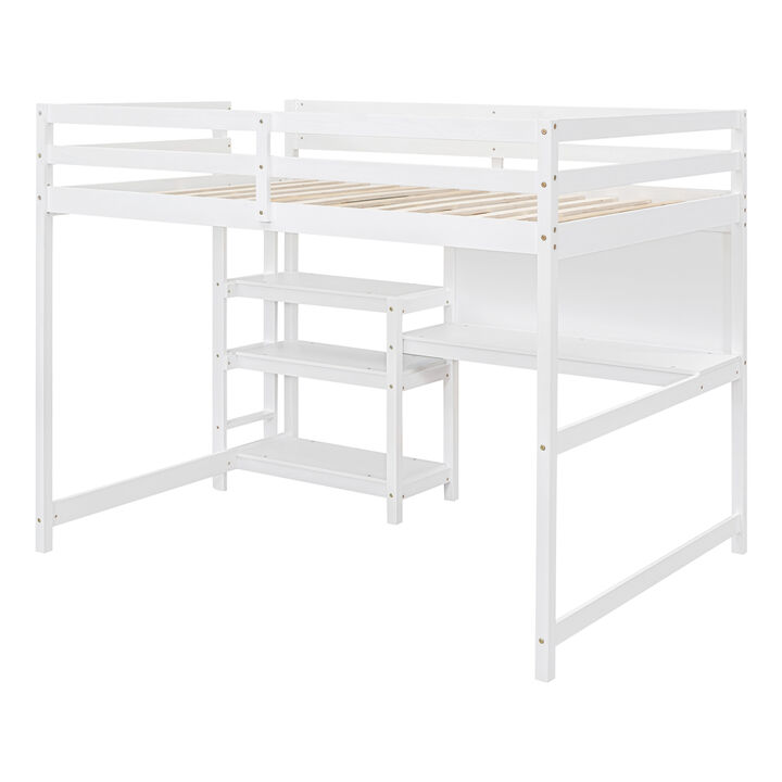 Full Size Wooden Loft Bed With Shelves, Desk And Writing Board