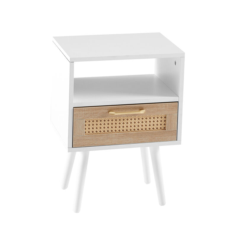Rattan End table with drawer and solid wood legs, Modern nightstand, side table for living roon, bedroom, white