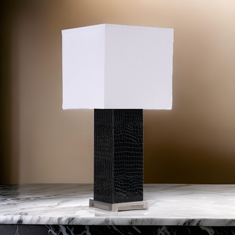 25 Inch Table Lamp, Square White Shade, Modern Black Crocodile Pattern Base - Benzara