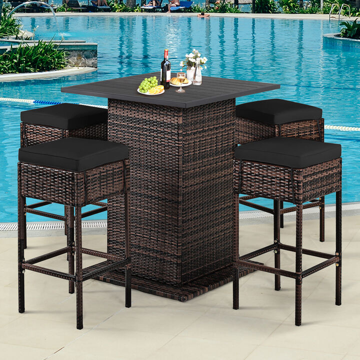 5 Pieces Patio Rattan Bar Table Stool Set Hidden Storage Shelf Cushioned