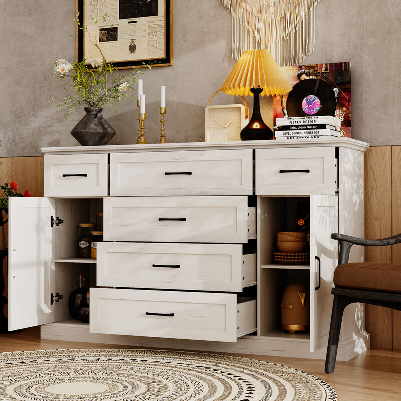 61" W Farmhouse Sideboard Buffet Storage Cabinet Credenza with 6 Drawers, 4 Shelves & 2 Doors, Wooden Coffee Bar Cabinet for Dining Room Kitchen Living Room