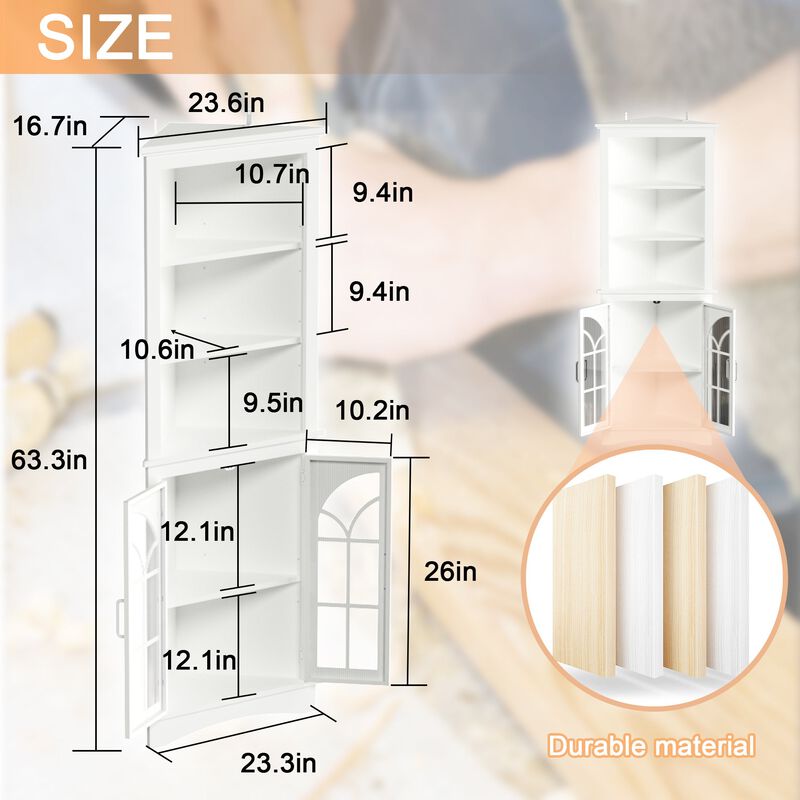 MONDAWE 63.3" Tall Freestanding Bookcase Corner Storage Cabinet with Doors and Adjustable Shelves 5-Tier Corner Display Cabinet