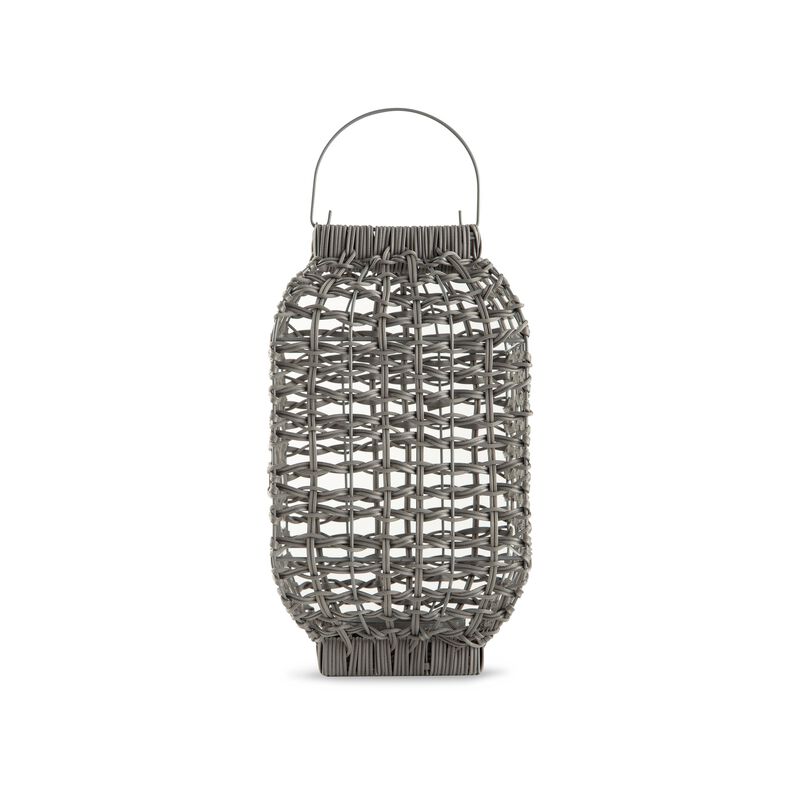 Neya Lantern, Indoor Outdoor Candle Holder, Bohemian Gray Faux Rattan Woven - Benzara