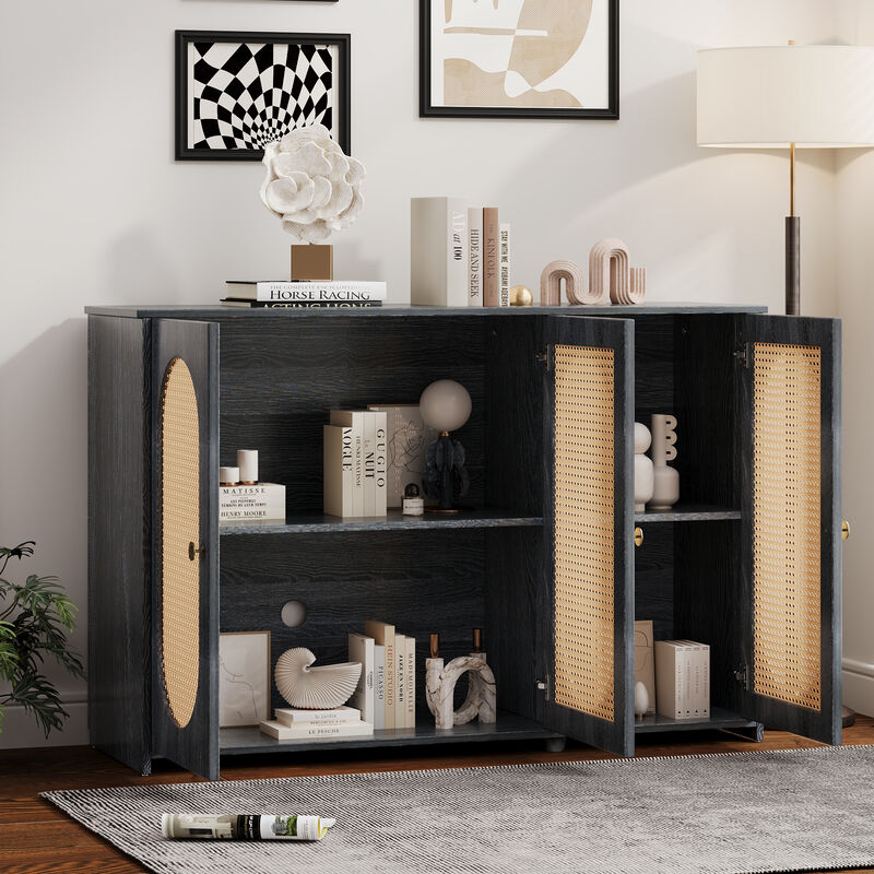 Clihome Retro 3-Door Sideboard with Large Storage Space Artificial Rattan Doors and Metal Handles, Accent Cabinet for Living Room and Hallway (Antique Black)