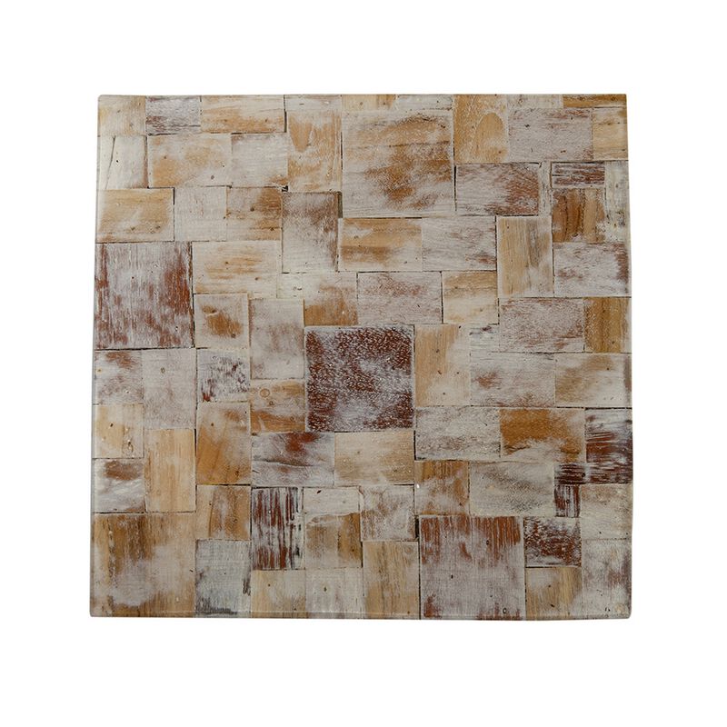 19 Inch Side End Table Stool, Square, Resin Patchwork Style Design, Brown - Benzara