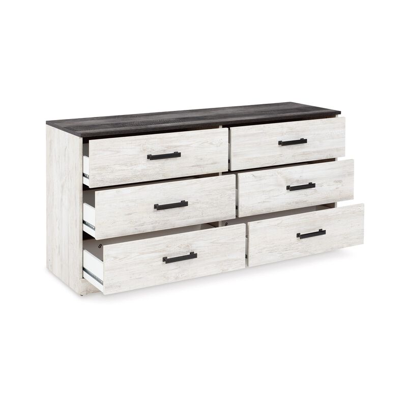 Wisp 59 Inch Wood Dresser, 6 Gliding Drawers, Rustic Crisp White Finish-Benzara