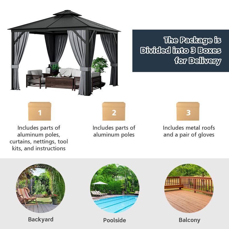 10 x 10 Feet Double-Top Hardtop Gazebo with Galvanized Steel Roof for Outdoor Shade and Protection
