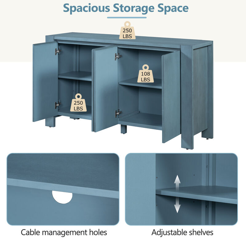 Clihome Buffet Cabinet with Storage, 4-Door Retro Wood Sideboard with Distressed Finish and Adjustable Shelves for Dining Room, Kitchen, and Living Room (Navy)