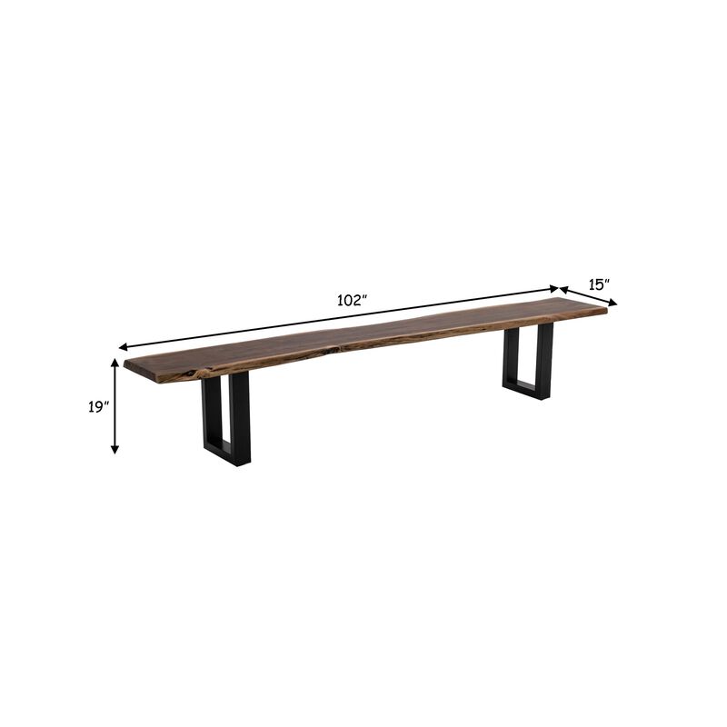 Cid Xue 102 Inch Dining Bench, Brown Live Edge Rectangular Top, Black Metal - Benzara