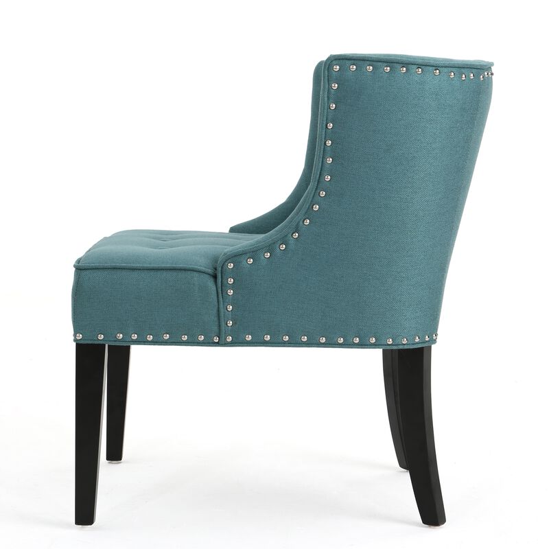Samuel Accent Chair, Button Tufted Waffle Stitch Teal Fabric, Brown Wood - Benzara