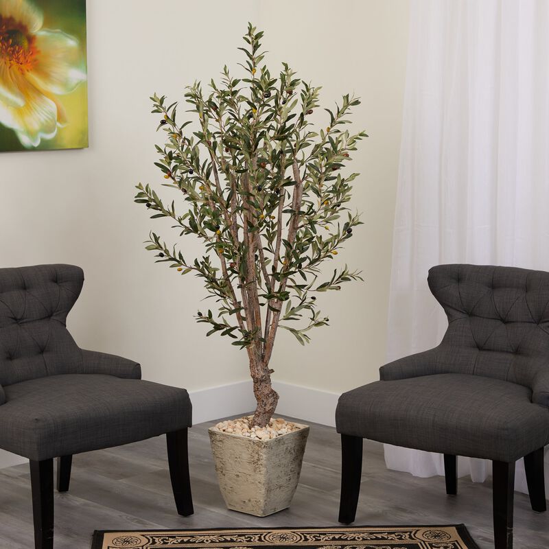 Hivvago 5 Feet Olive Artificial Tree in Country White Planter