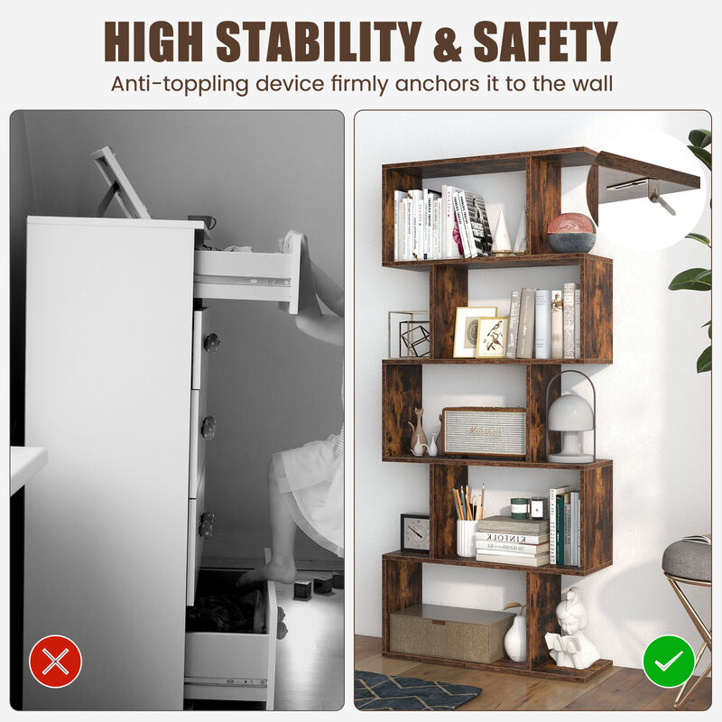 5-Tier Bookshelf with Anti-Toppling Device for Living Room Home Office