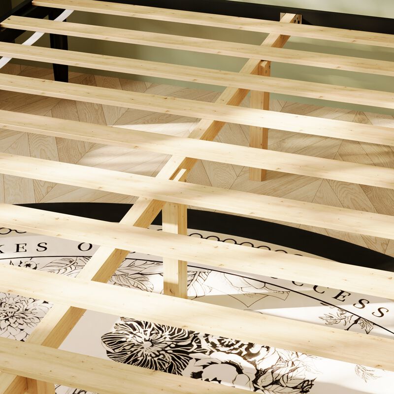 FUFU&GAGA Modern Black Metal Bed Frame with Rubberwood & Pine Slats (84.6" L x 61.8" W x 46.4" H), Black