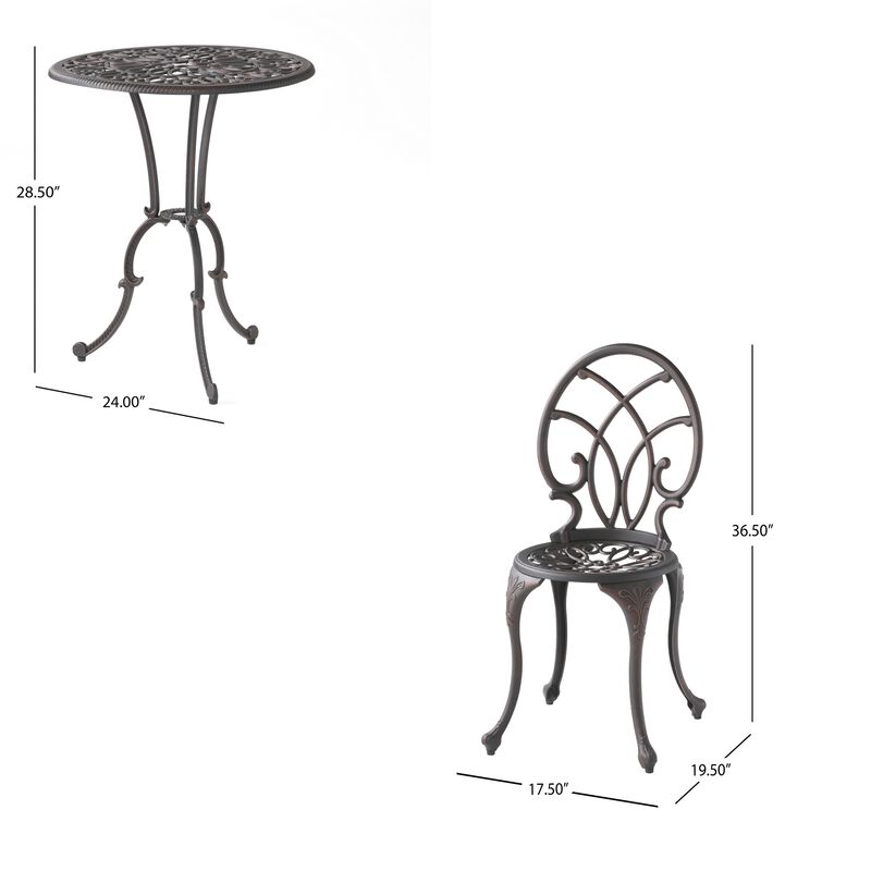 Charlie 3 pcs Bistro Set w Umbrella Hole, Cast Aluminum in Copper - Benzara
