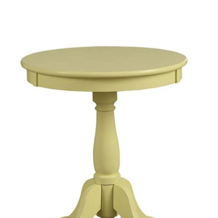 Traditional Style Wooden Round Side Table with Turned Pedestal Base, Yellow-Benzara
