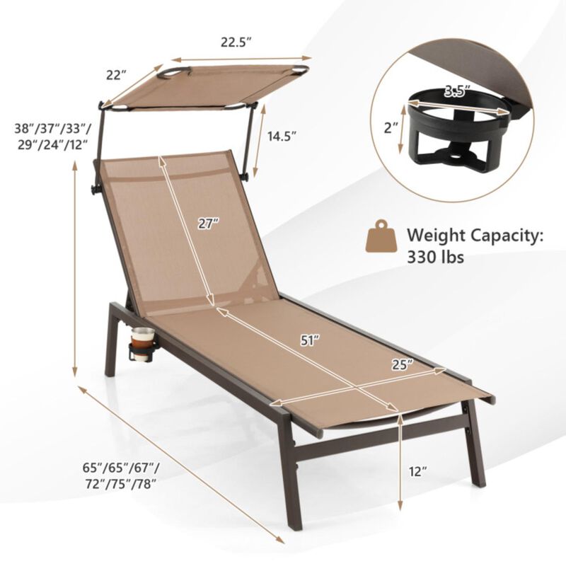 Hivvago Outdoor Chaise Lounge Chair with Sunshade and 6 Adjustable Position-Brown