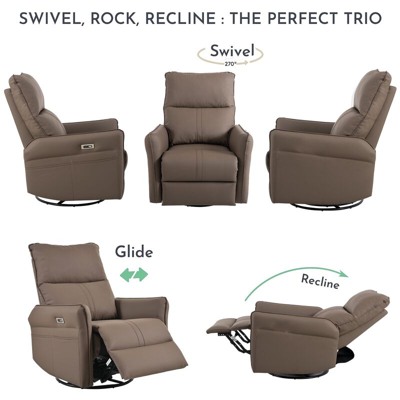 Mondawe 270° Power Swivel Rocker Recliner Chair, PU Leather Electric Glider with USB Ports