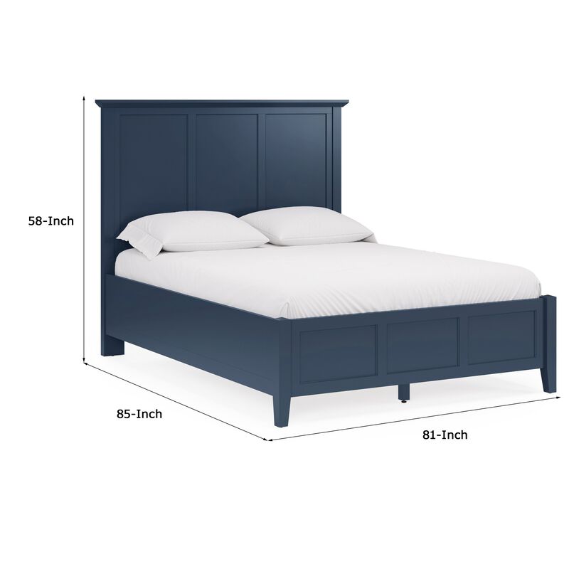 Fritz King Size Bed, Three Panel Design, Beveled Top, Solid Wood, Blue - Benzara