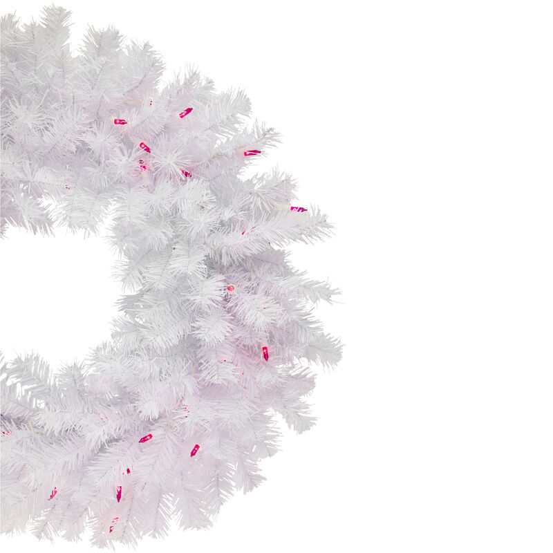 Pre-Lit Geneva White Spruce Artificial Christmas Wreath  24-Inch  Pink Lights