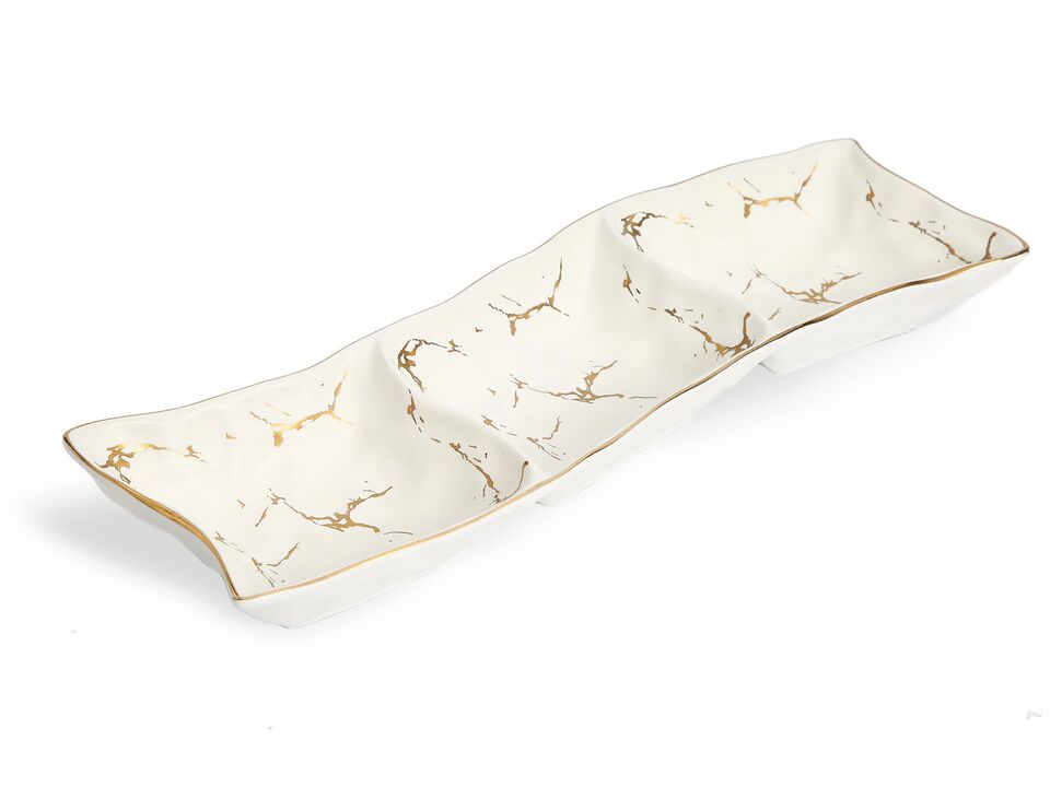 White Porcelain Relish Dish with Gold Design