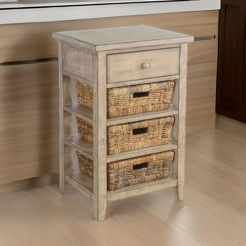 Rena End Table, 3 Natural Rattan Storage Baskets, 20 Inch Brown Wood - Benzara