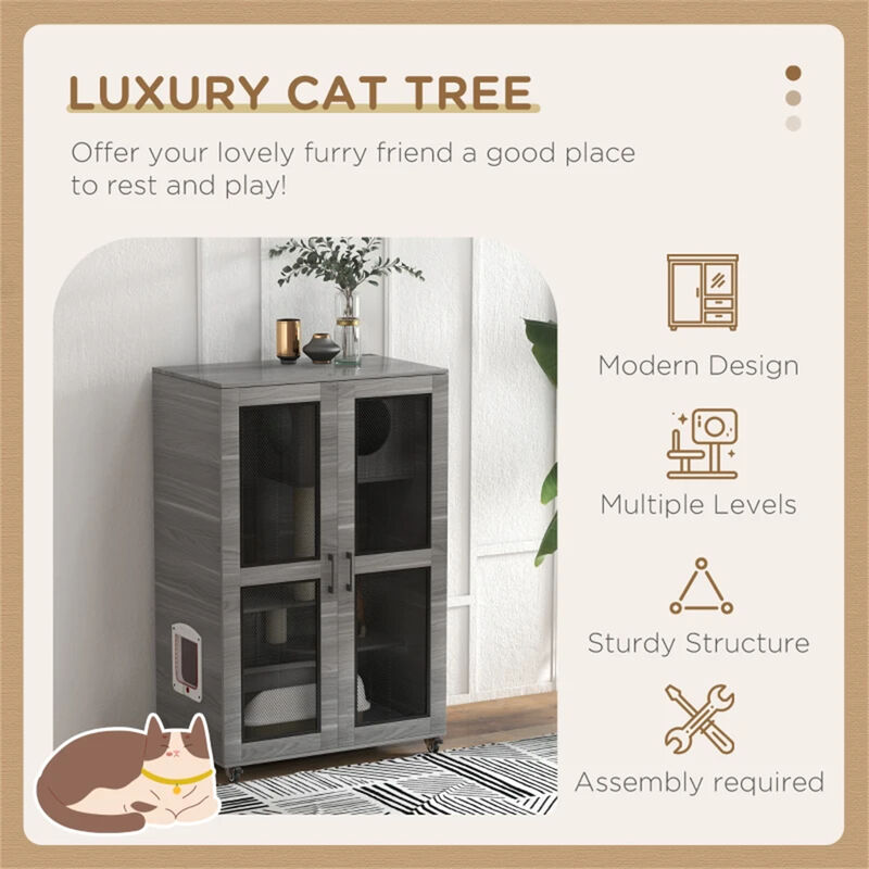 Cat Villa Apartment with Wheels, Multi-Level Design, Scratching Posts, and Cozy Spaces for Cats