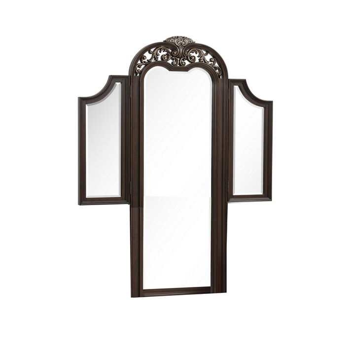 Liana 64 Inch Vanity Table Mirror, 3 Panels, Crown Carvings and Scrollwork - Benzara