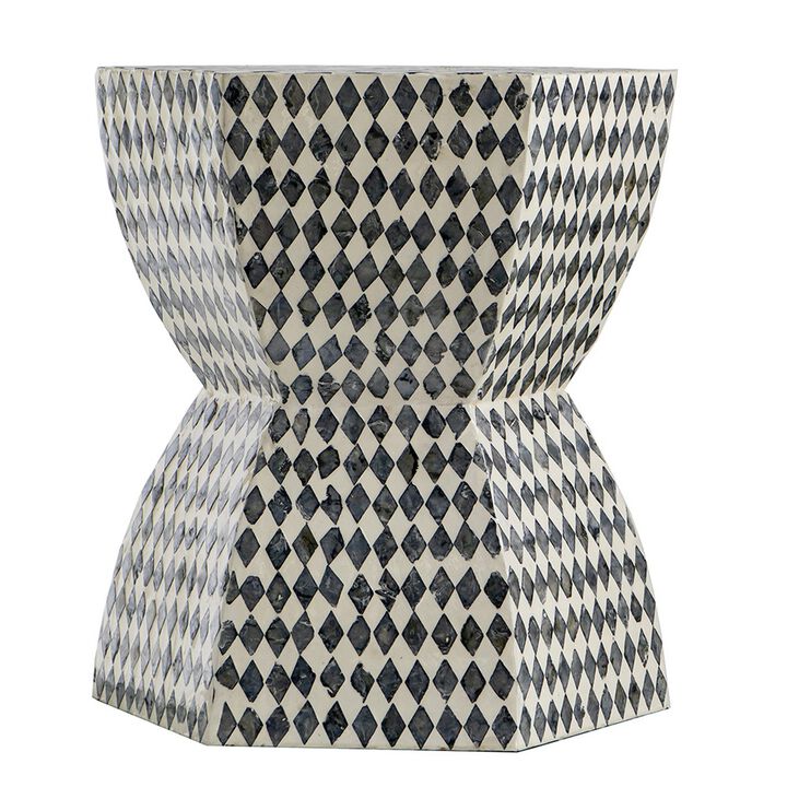 17 Inch Modern Hexagonal Table Stool, Capiz Inlaid Platform, White, Black - Benzara