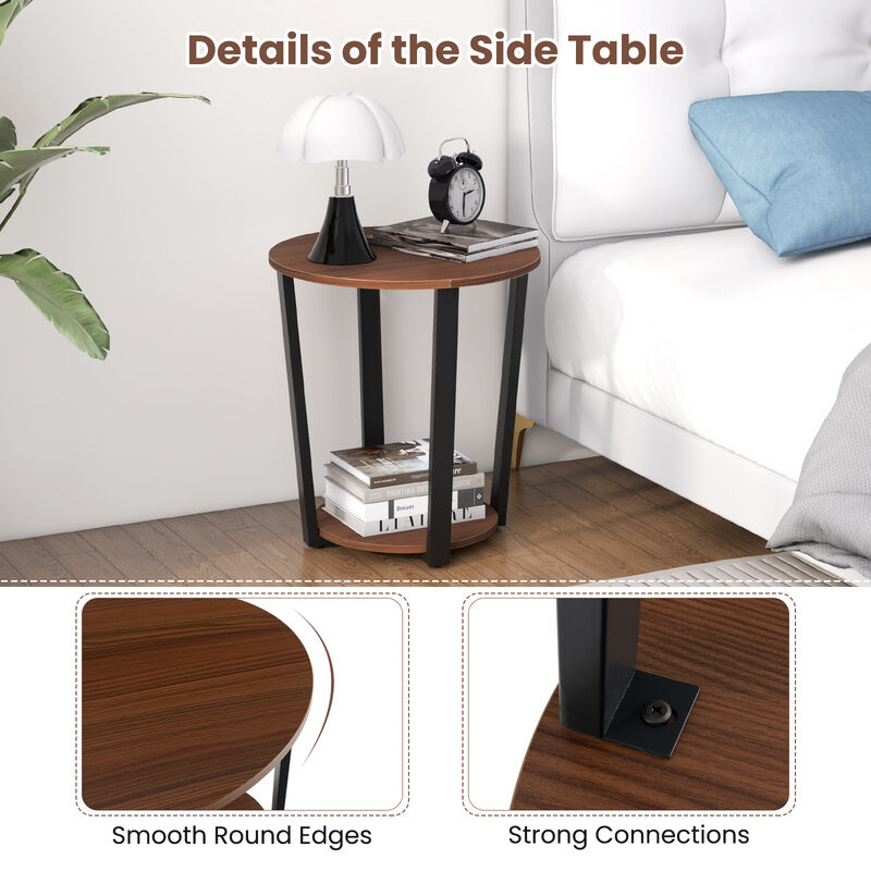 Round End Table with Open Shelf and Metal Frame for Living Room or Bedroom Storage