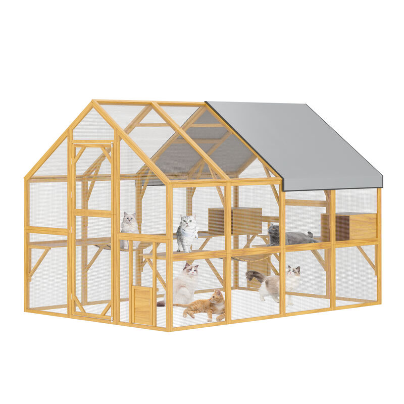 FUFU&GAGA Super Big Cat Play Tower with 2 Cat Boxes, 5 Cat Jump Platforms, and 2 Cat Hammocks,  (109.6" W x75.2" D x 60" H), Yellow