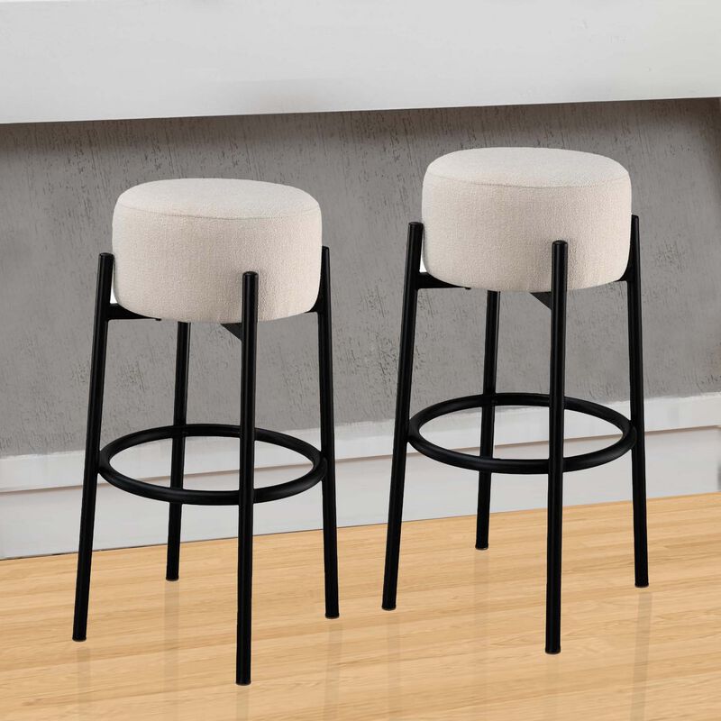 Barstool with Fabric Seat and Tubular Legs, Set of 2, Beige and Black - Benzara