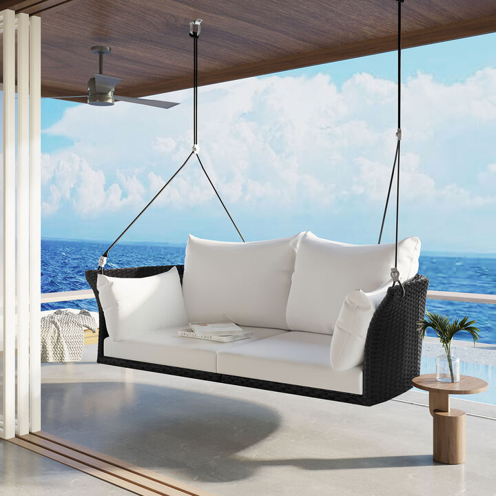 Whisen Rattan Woven Swing Chair, Porch Swing With Ropes, Black Wicker And White Cushion - Gray
