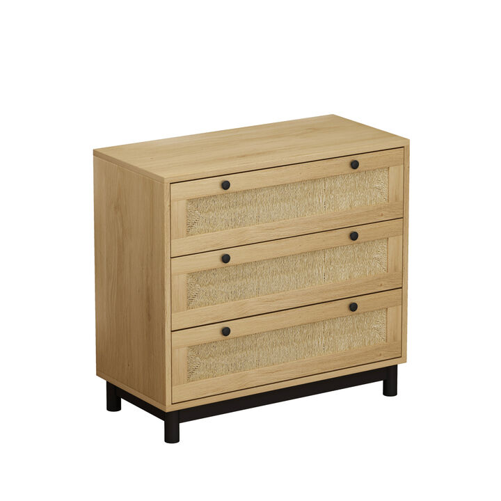 30" Oak 3-Drawer Woven Storage Cabinet for Multiple Rooms