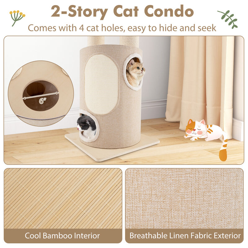 Tall Wooden Cat Tower Tree with 2-Story Cat Condo and Washable Cushions