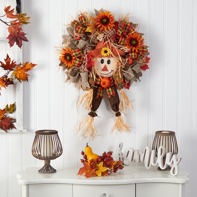 Hivvago 30" Scarecrow Fall Artificial Autumn Wreath with Sunflower, Pumpkin and Decorative Bows