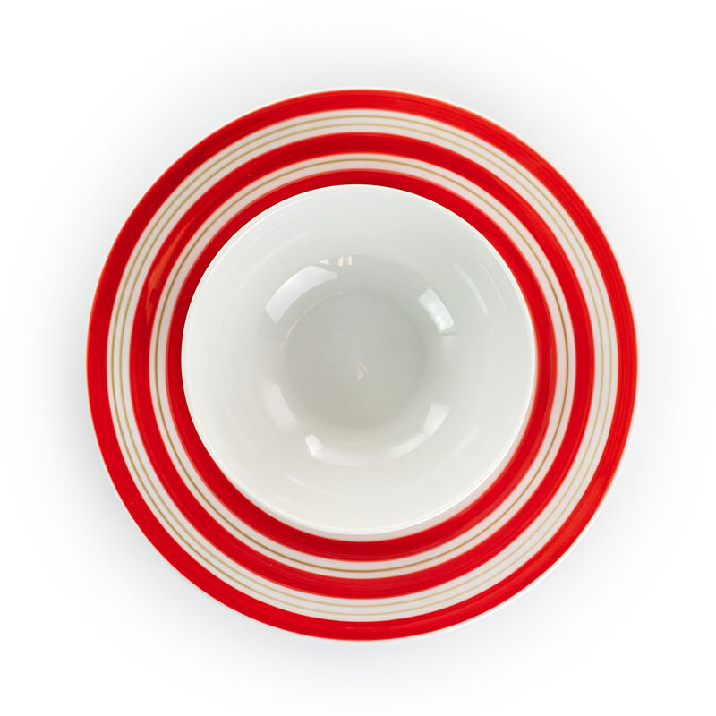 Gibson Home Sunset Stripes 12 Piece Round Fine Ceramic Dinnerware Set in Red