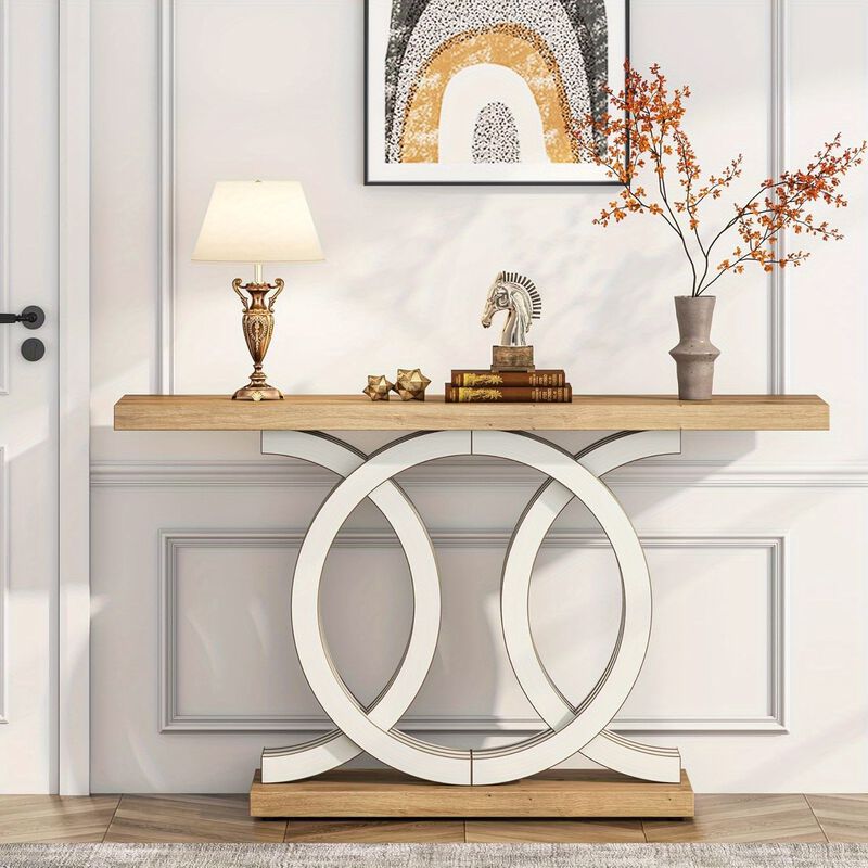 Console Table with Geometric Base, Modern Hallway Table, Wooden Entryway Table, Foyer Sofa Table, Unique Long Accent Table for Decoration, Deck Boxes